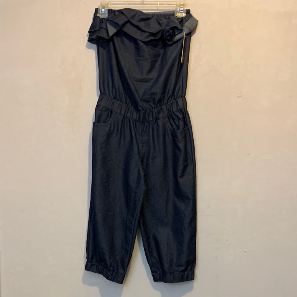 NWT Navy Strapless Jumpsuit with Ruffle Detail and Cropped Length